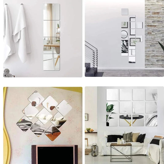3D acrylic mirror wall stickers, geometric pattern, reflecting light, modern home decor.