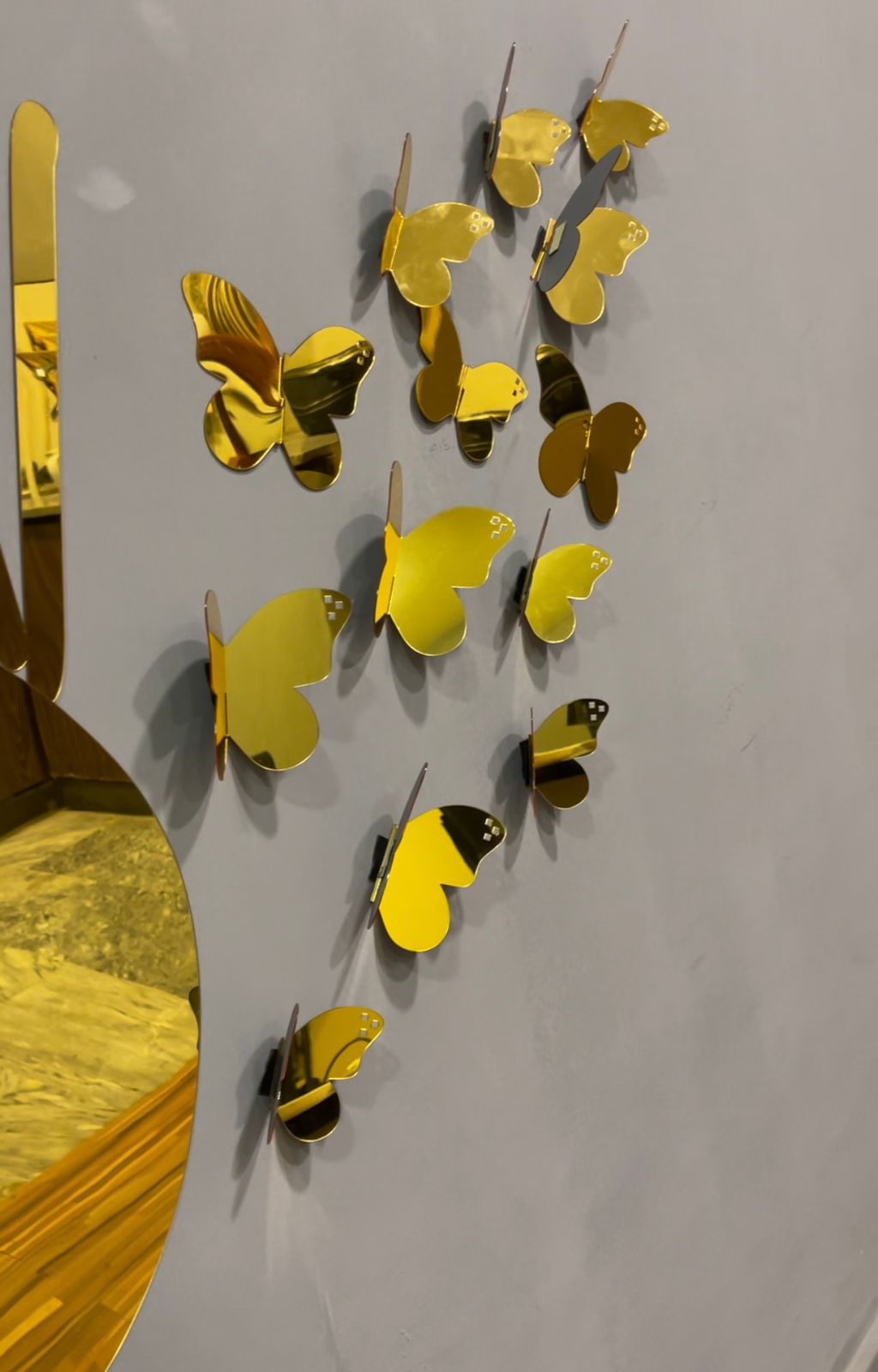 Elegant 3D golden mini butterfly mirror set, wall decor accent, close-up, final product view.