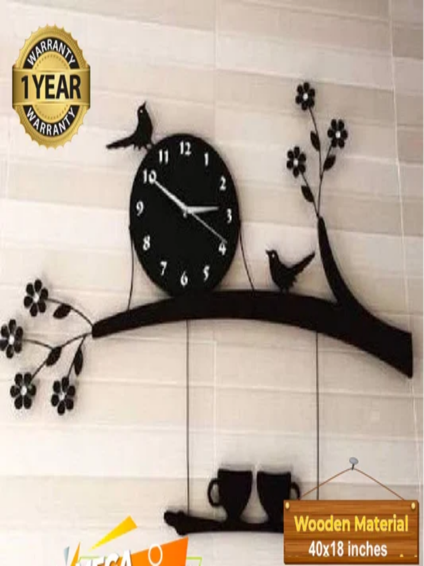 Large wooden hanging cups with tree branch clock - Image 1