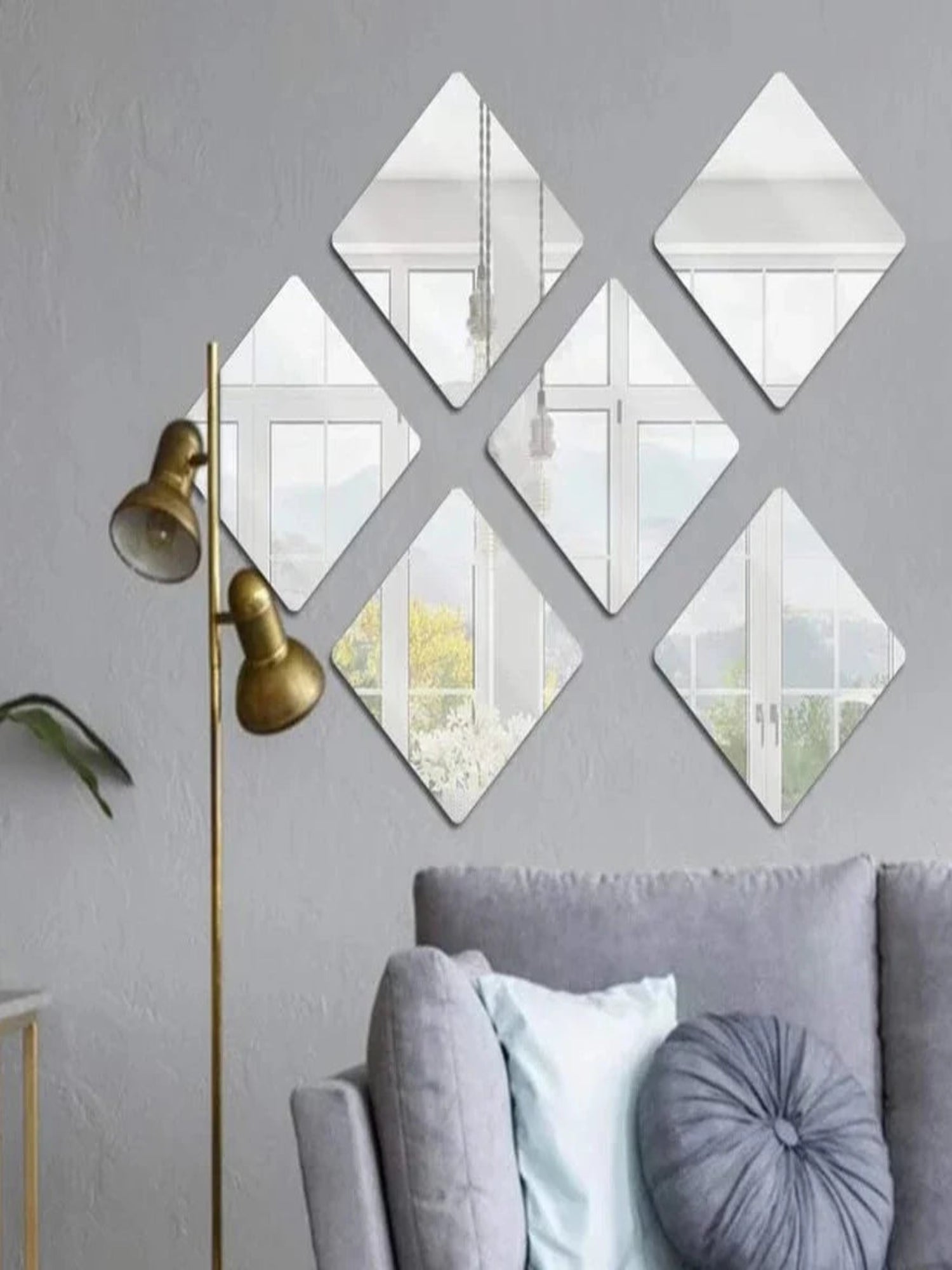 3D acrylic mirror wall decor stickers, geometric shapes, silver, peel-and-stick, modern home accent.