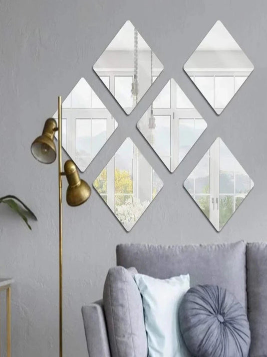 3D acrylic mirror wall decor stickers, geometric shapes, silver, peel-and-stick, modern home accent.