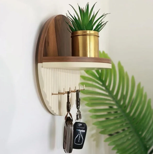 Modern Round Wooden Key Holder with Shelf