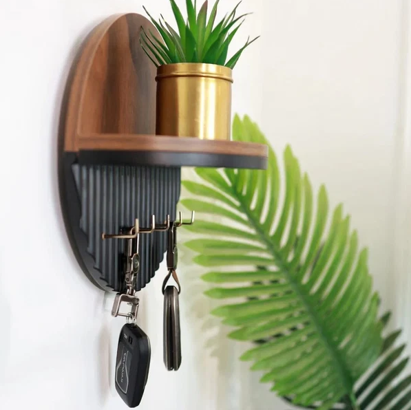 Modern Round Wooden Key Holder with Shelf