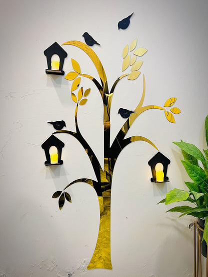 Acrylic tree and birds wall decor with wooden shelves - front view.