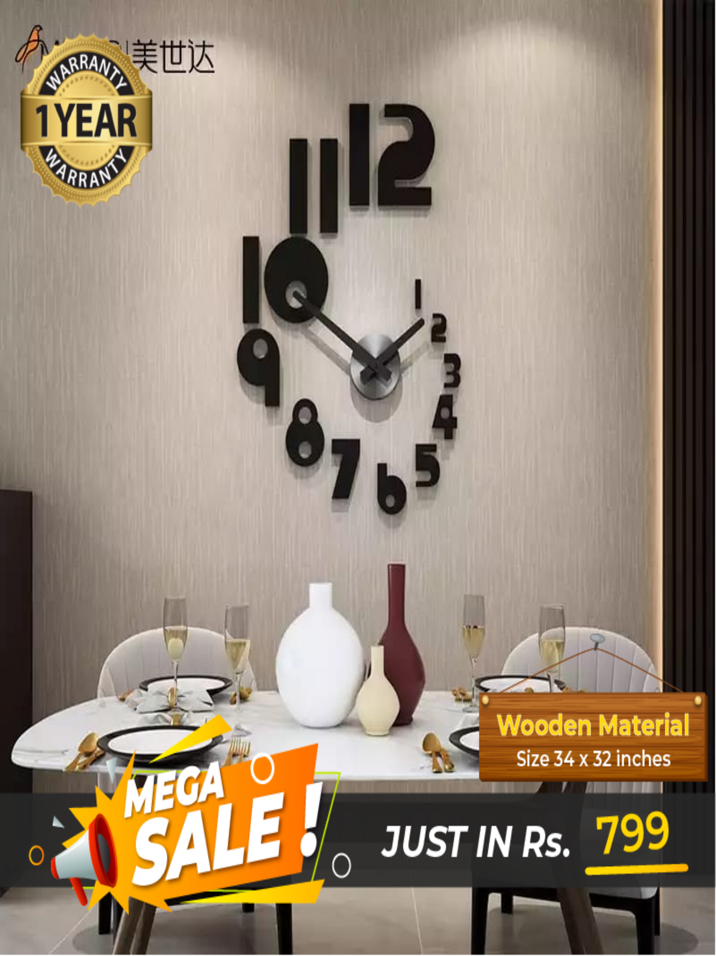 LARGE SIZE WOODEN DIY CLOCK WITH 12 INCHES NEEDLES - Image 1