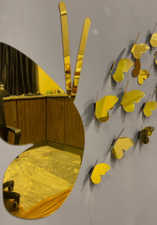 Golden 3D butterfly mirror set, elegant wall decor, image 2 of 3.