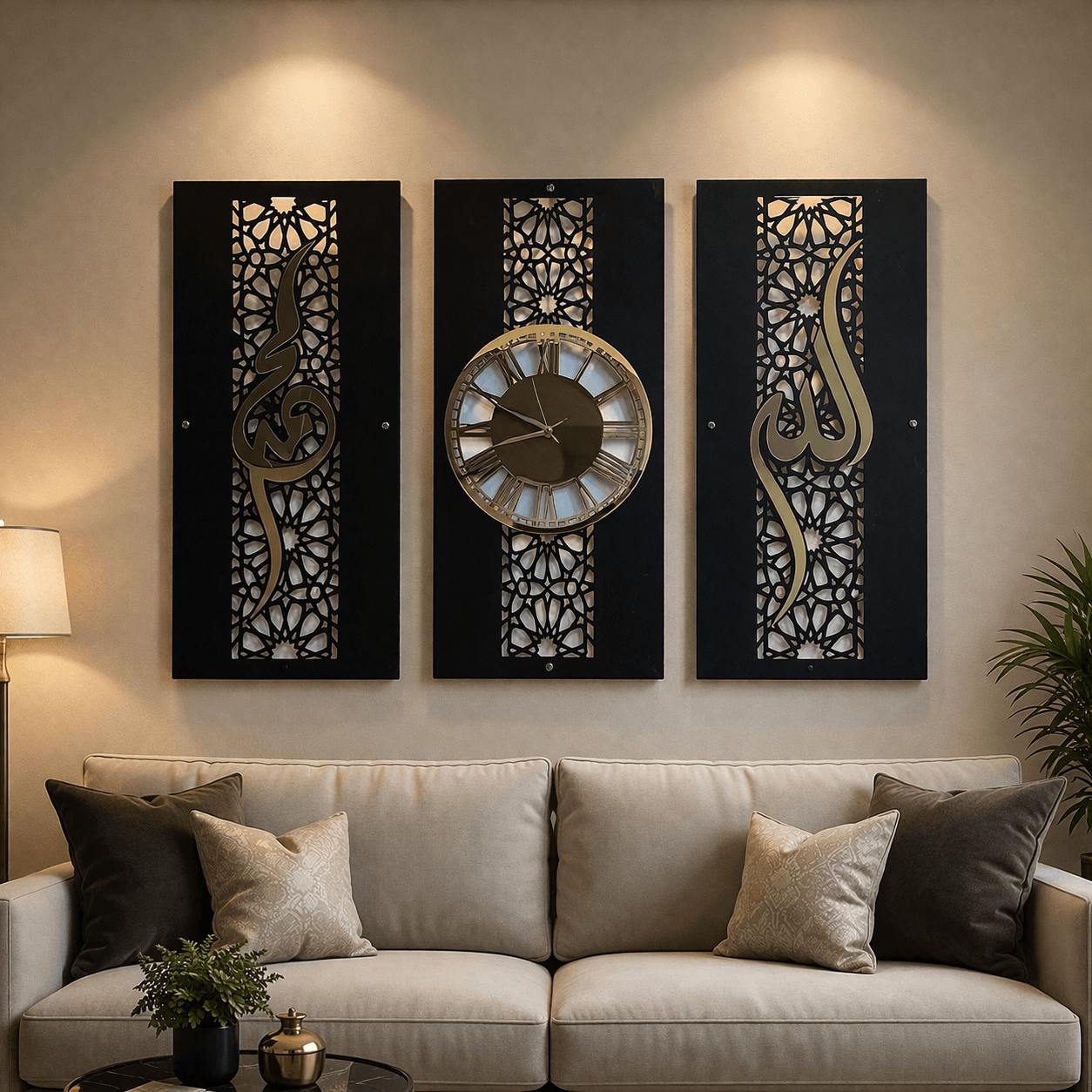 Noor-e-Zaman Premium Wall Clock Set- 3 Panel Wall decor Set