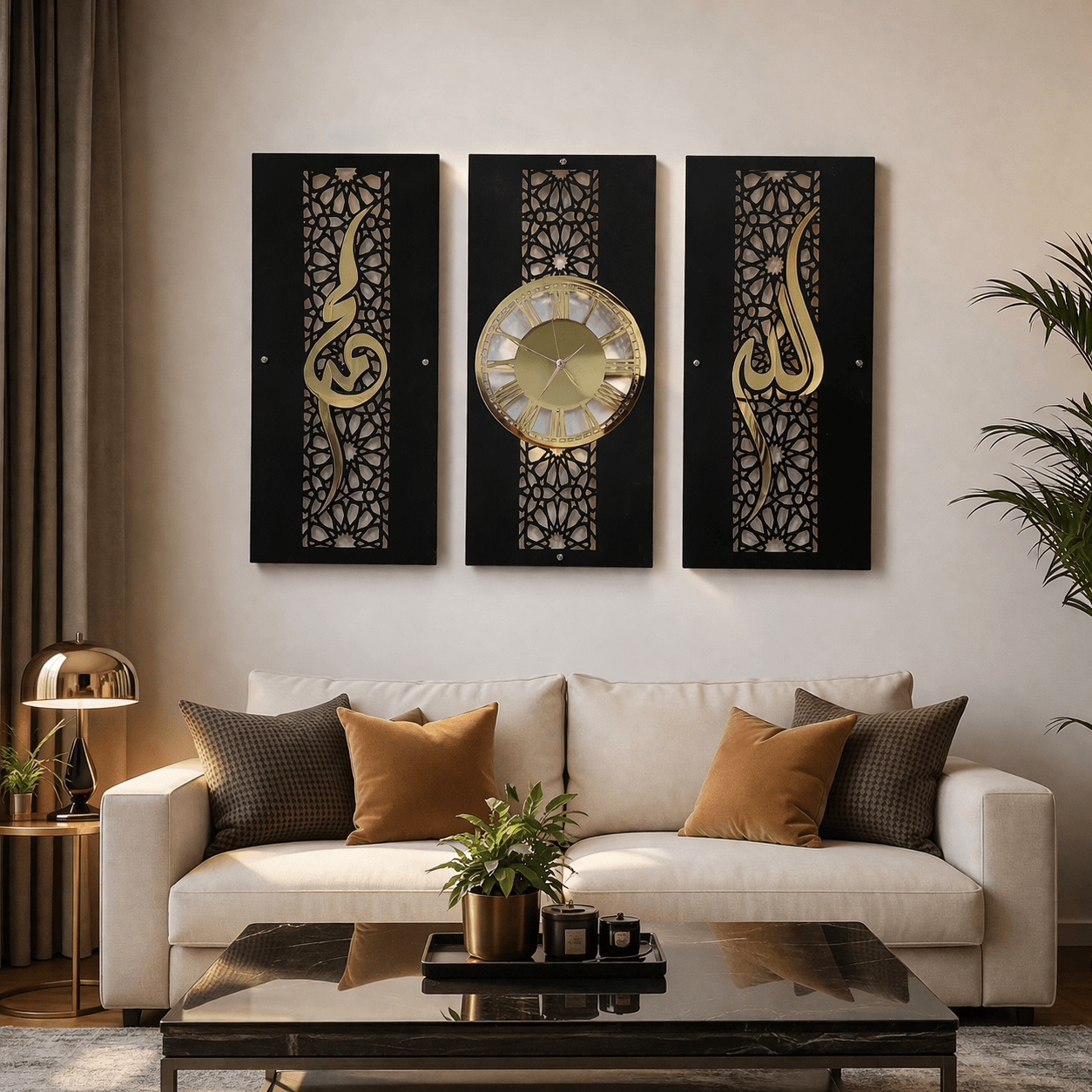Noor-e-Zaman Premium Wall Clock Set- 3 Panel Wall decor Set