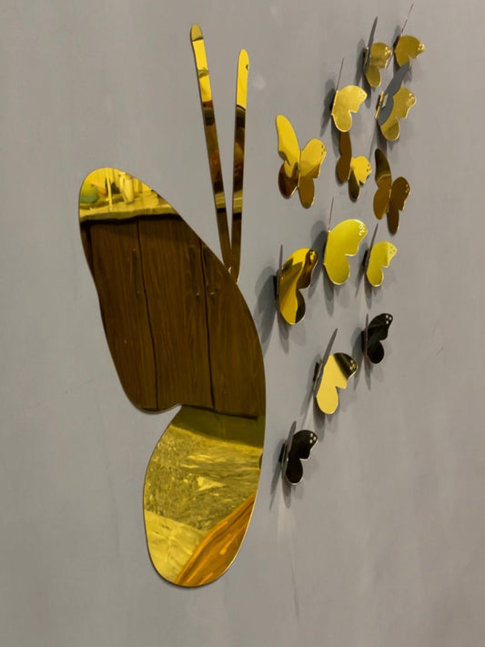 Elegant 3D golden mini butterfly mirror set, wall decor, close-up, image 1 of 3.