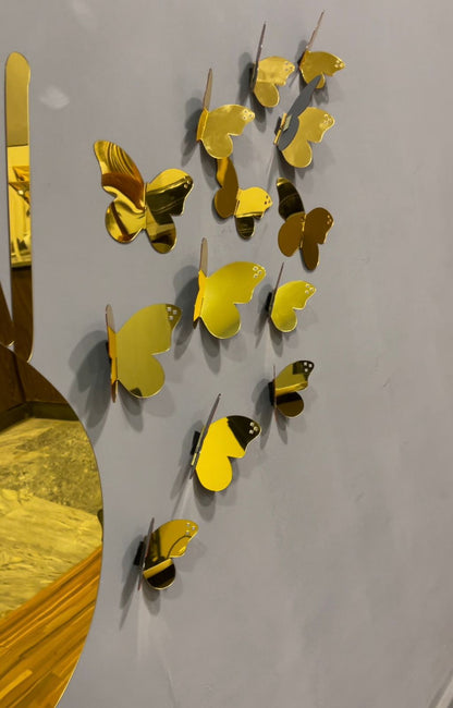 Elegant 3D golden mini butterfly mirror set, wall decor accent, close-up, final product view.