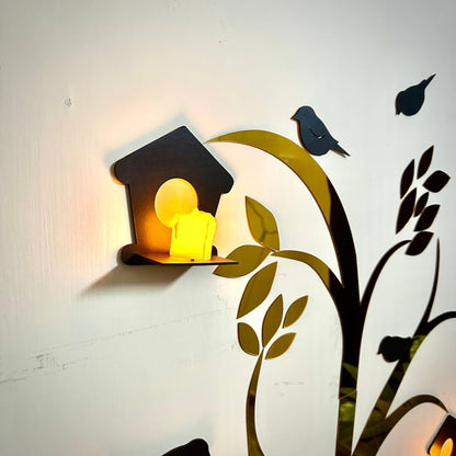 Acrylic tree & birds wall art with wooden shelves, elegant display, home decor. Image 4 of 5.