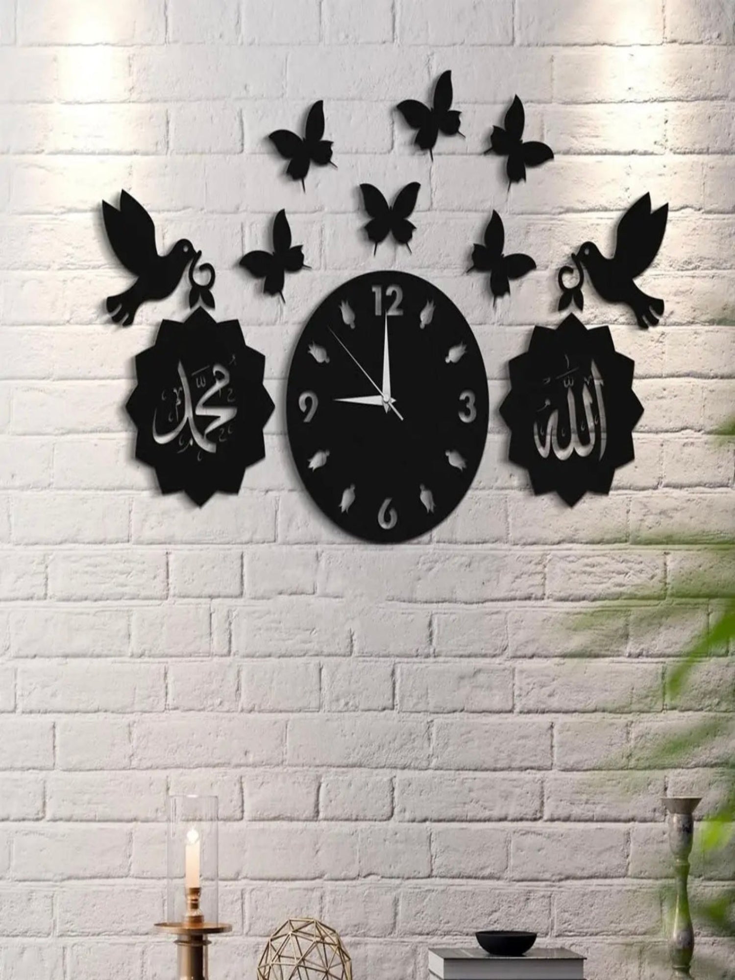 Large 3D wooden Islamic wall clock, ornate Arabic calligraphy, elegant home decor, spiritual art.
