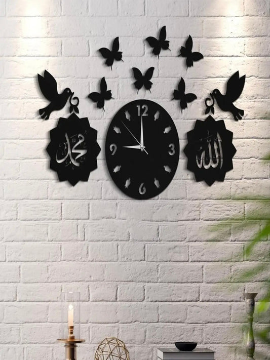 Large 3D wooden Islamic wall clock, ornate Arabic calligraphy, elegant home decor, spiritual art.