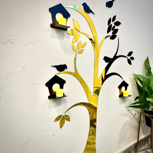 Acrylic tree, birds & shelves wall art, natural wood, modern home decor. Image 2 of 5.