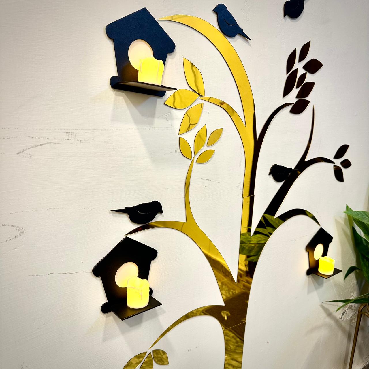 Acrylic tree & birds wall decor with wooden shelves, product image 5 of 5.