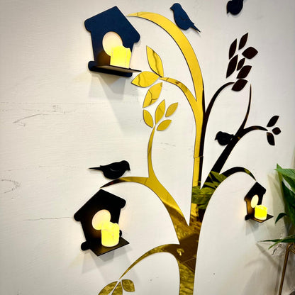 Acrylic tree & birds wall decor with wooden shelves, product image 5 of 5.
