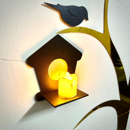 Acrylic tree and birds wall decor with wooden shelves, close-up, showcasing shelves and bird details.