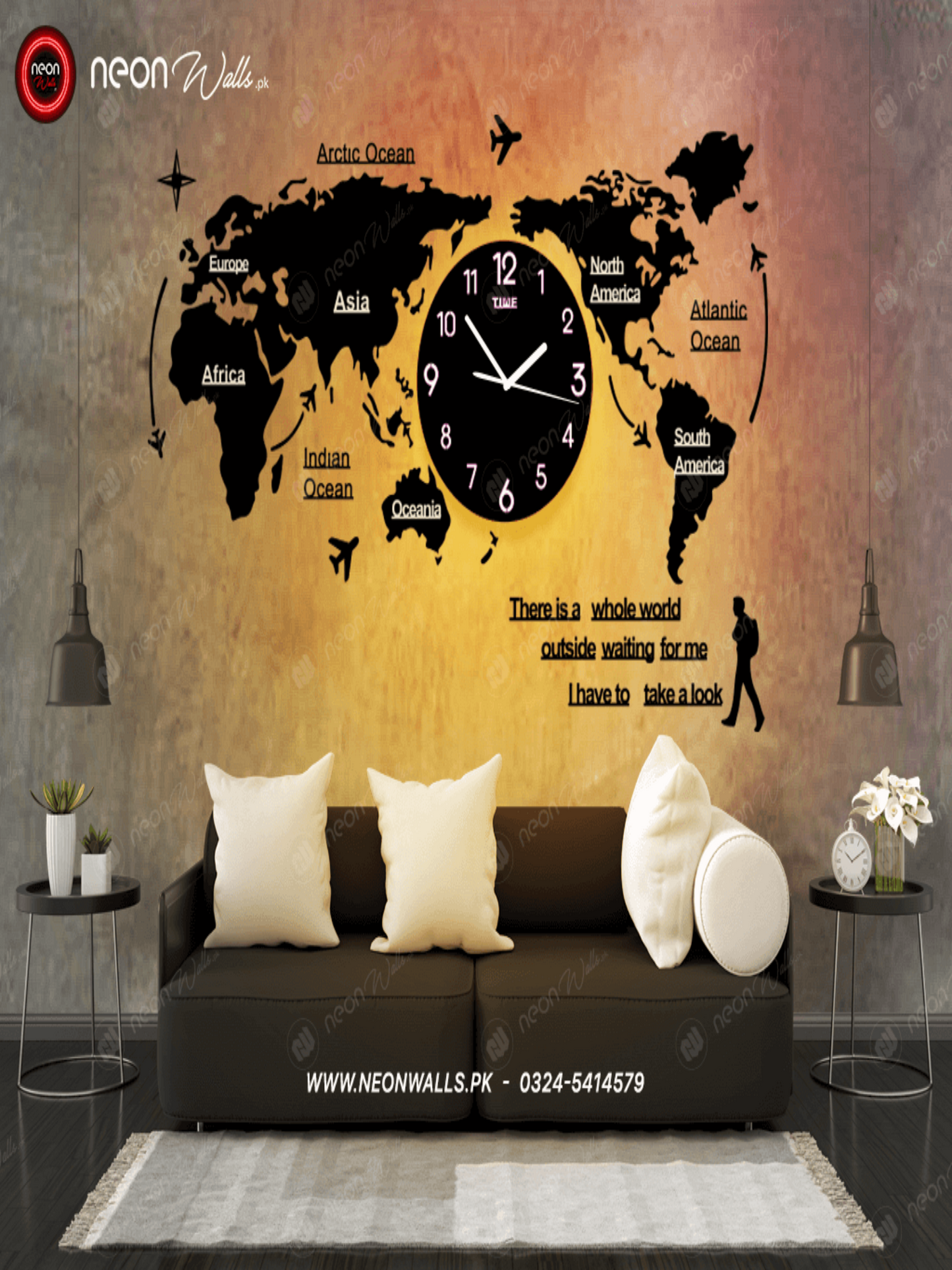 World Map Wall Clock with Rope Light(Large) - Image 1