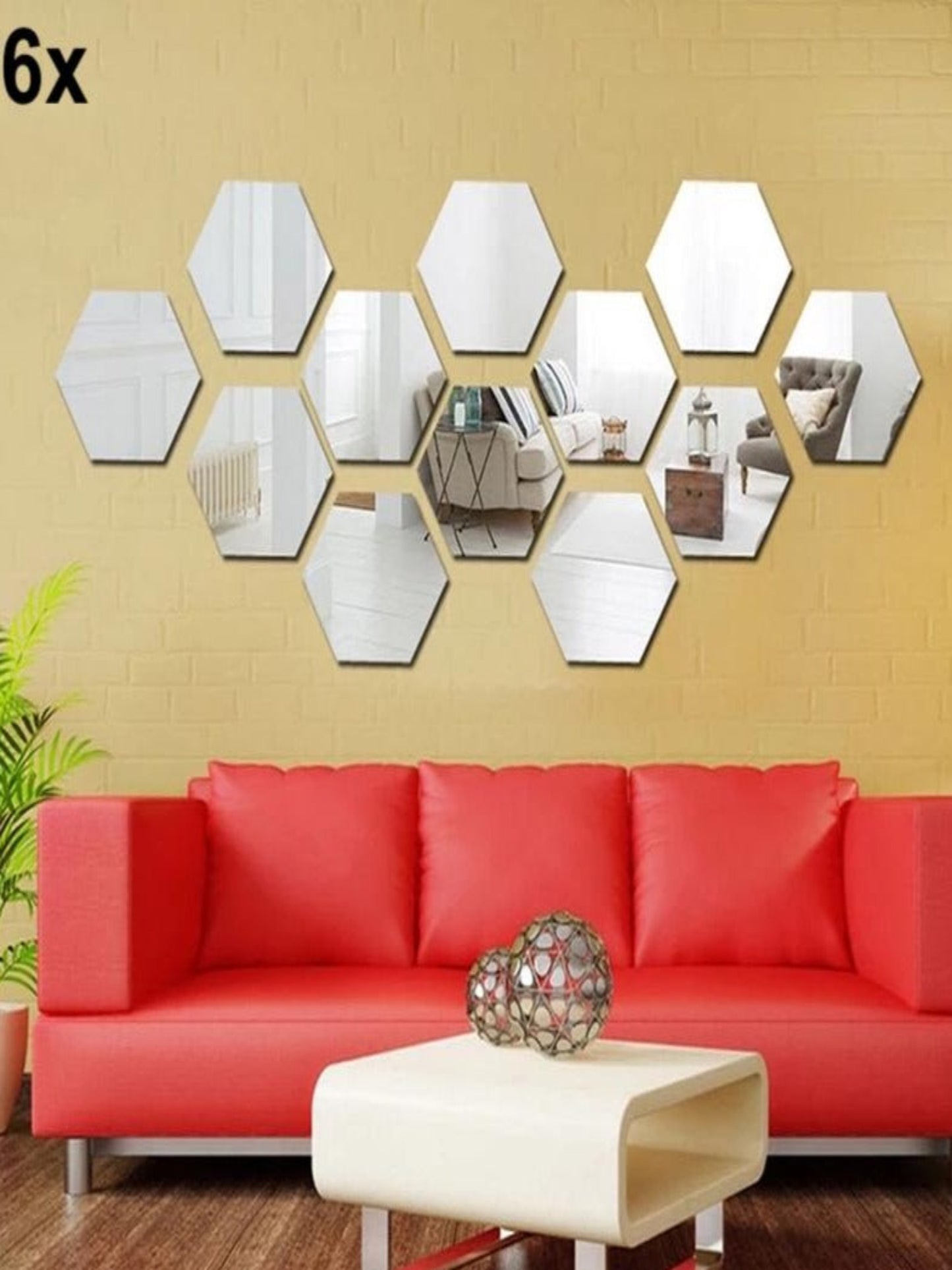 6x hexagon acrylic mirror wall decor, modern geometric design, silver, set of six, reflective art, home decor.