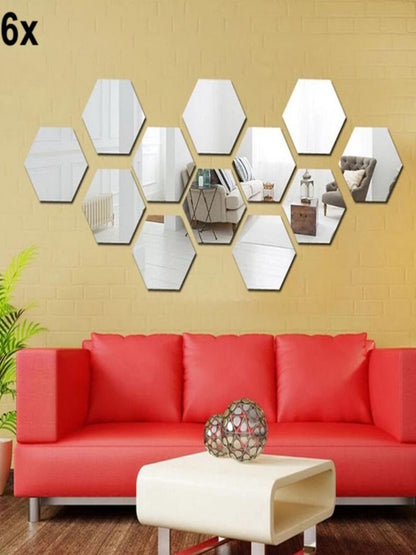 6x hexagon acrylic mirror wall decor, modern geometric design, silver, set of six, reflective art, home decor.