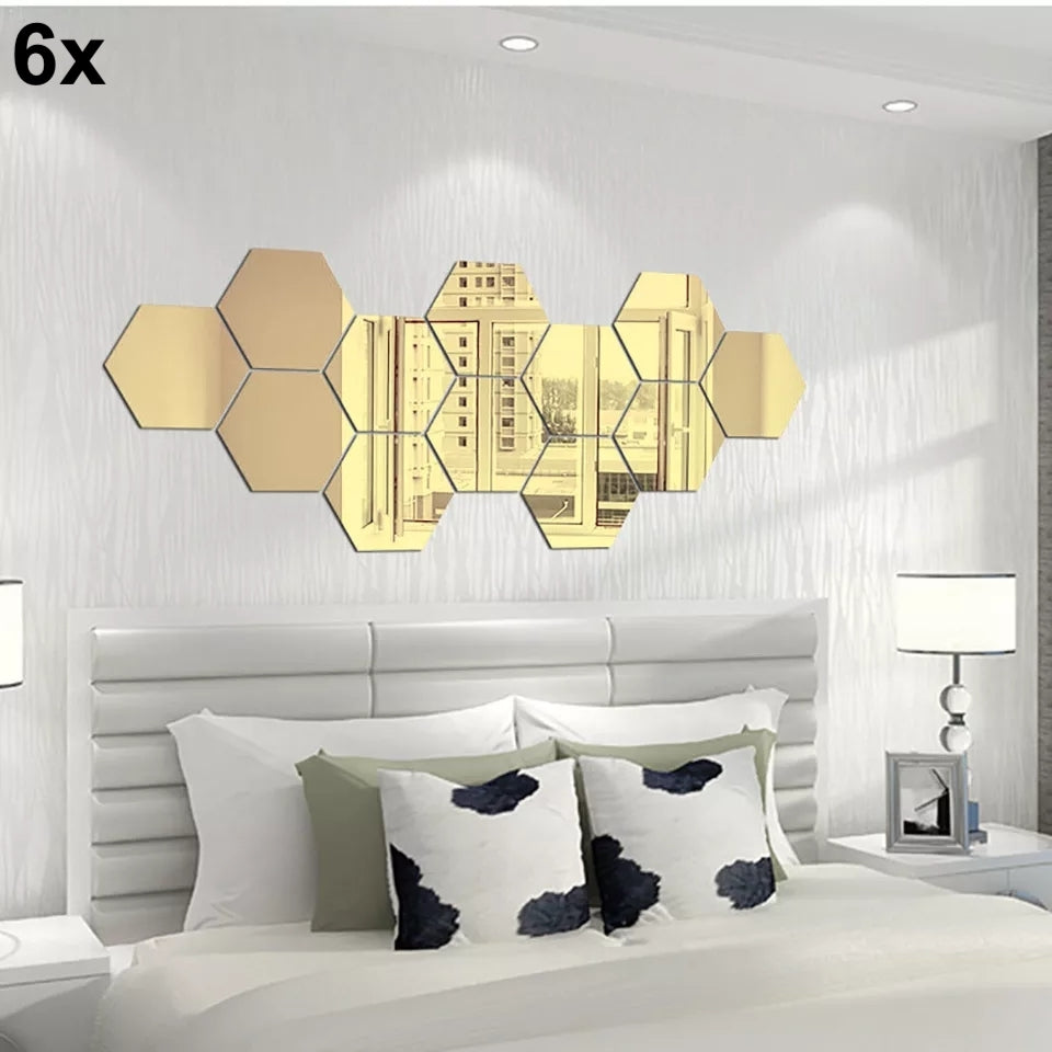 Modern hexagon acrylic mirror wall decor, geometric, set of 6. Fourth product image.