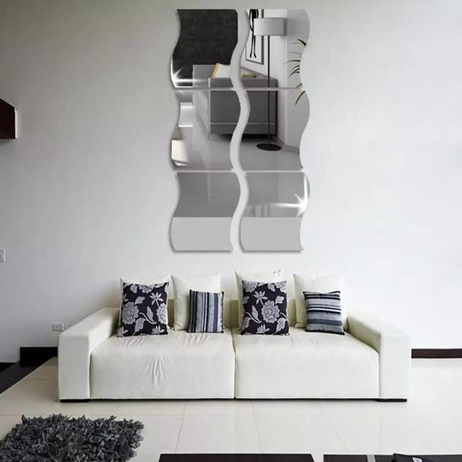 Large zigzag acrylic mirror wall decor, set of 6, close-up of reflective surface, modern aesthetic.