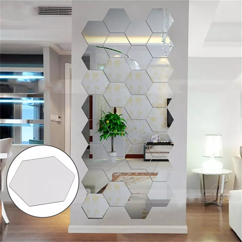 Modern geometric hexagon acrylic mirror wall decor, 6-piece set, angled view.
