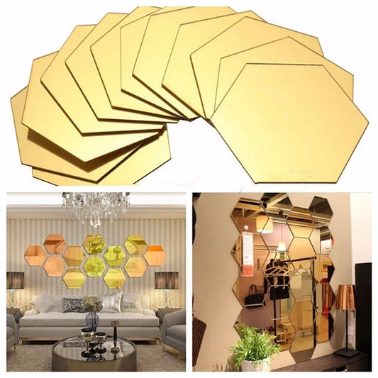 Geometric hexagon acrylic mirror wall decor, modern design, set of 6.