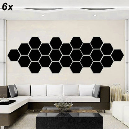 Modern geometric hexagon acrylic mirror wall decor, 6-pack, close-up, angled view.