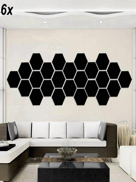 Six hexagon acrylic wall art set, modern geometric home decor, clear 3D panels.