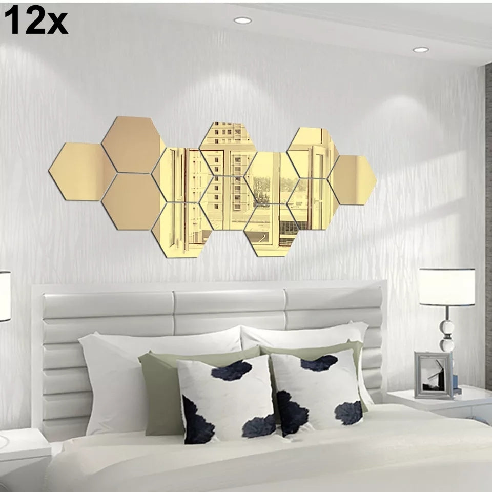 Geometric hexagon acrylic wall decor panels, 12-pack, modern art, iridescent finish, installation view.