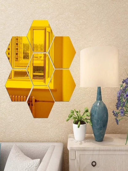 Modern geometric hexagon acrylic mirror wall decor, 6-piece set.