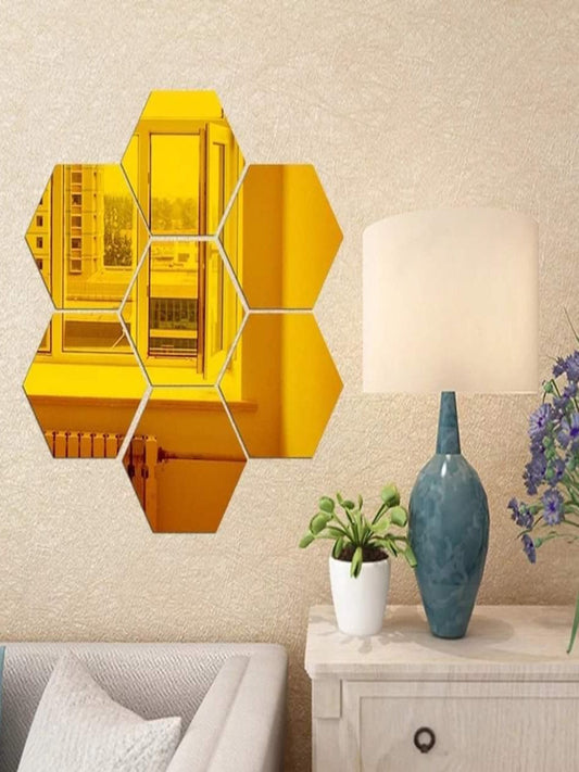 Modern geometric hexagon acrylic mirror wall decor, 6-piece set.