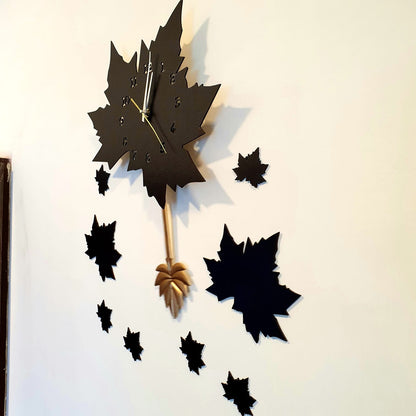 Black Maple Leaf Wall Clock with Pendulum - Image 3