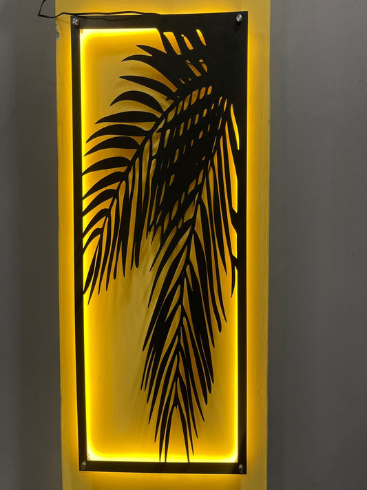 3D bamboo leaf wall art with glowing neon light accent, enhancing modern decor.