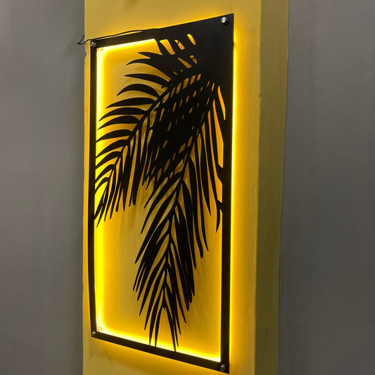 Second image: 3D bamboo leaf wall art with vibrant green neon light, shown in a modern living space.