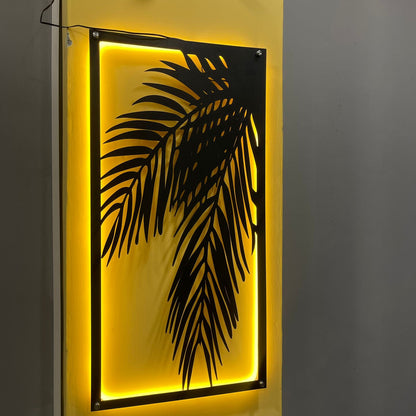 3D bamboo leaf wall art, neon light accent, modern nature decor. Image 3 of 3.
