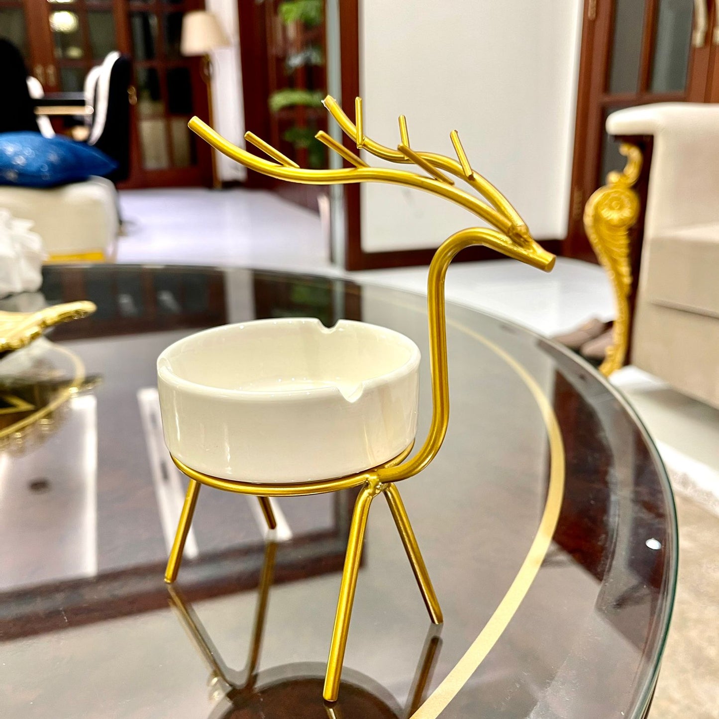 METALLIC GOLDEN GAZELLE STYLE ASH TRAY DECOR FOR TABLE AND HOME - Image 10