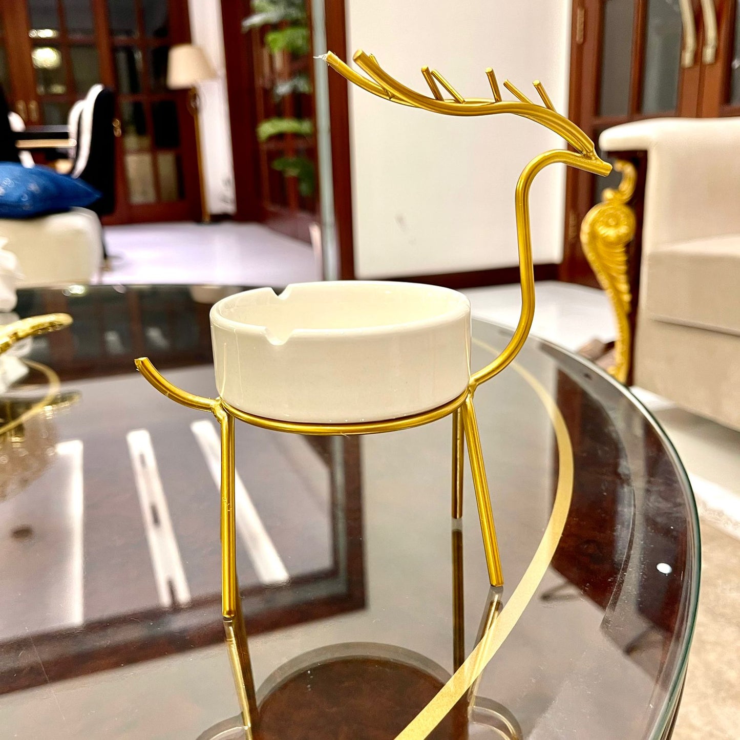 METALLIC GOLDEN GAZELLE STYLE ASH TRAY DECOR FOR TABLE AND HOME - Image 9