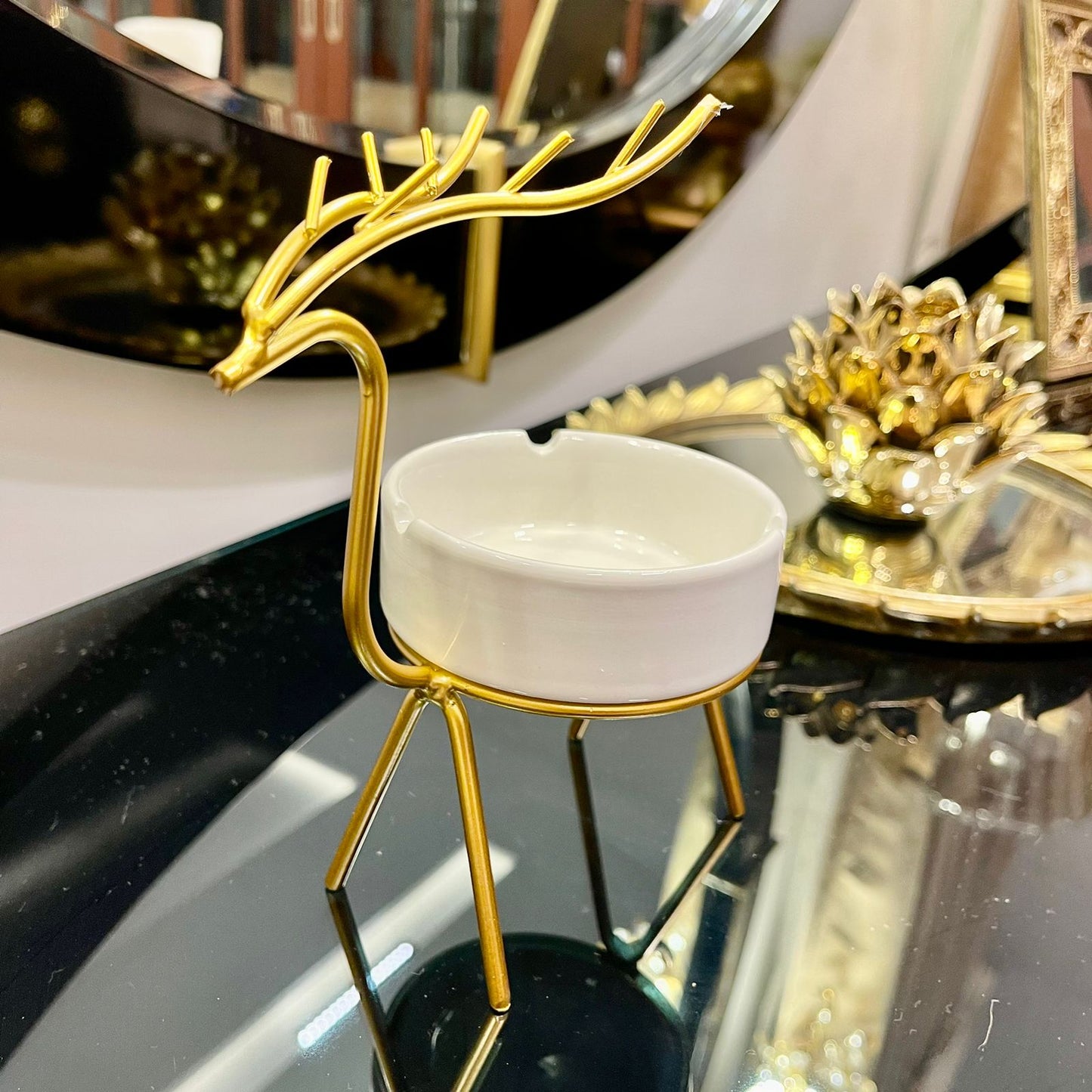 METALLIC GOLDEN GAZELLE STYLE ASH TRAY DECOR FOR TABLE AND HOME - Image 2
