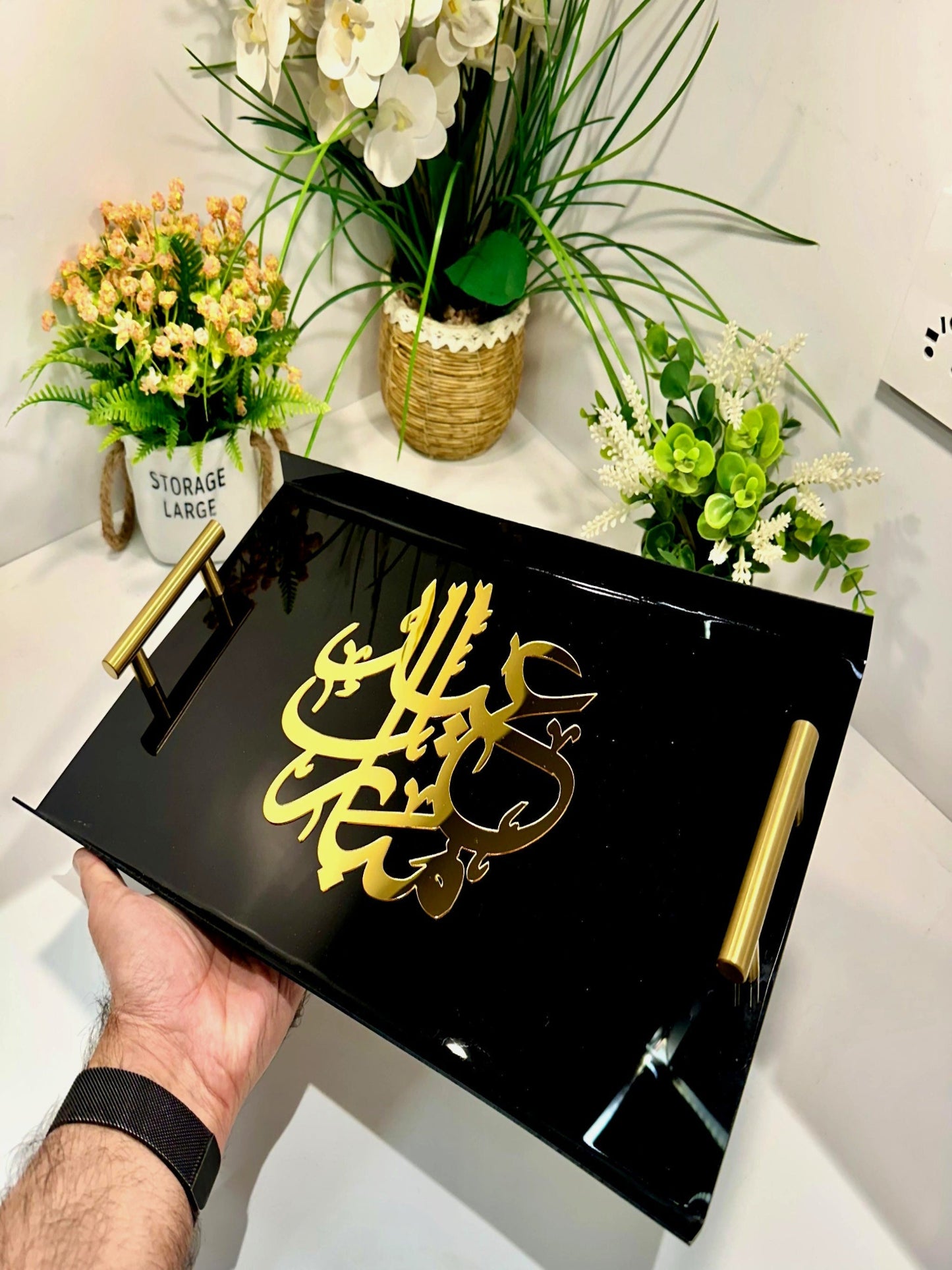 Eid Mubarak Tray With Golden Handles Black and Gold-GTD01 - Image 1