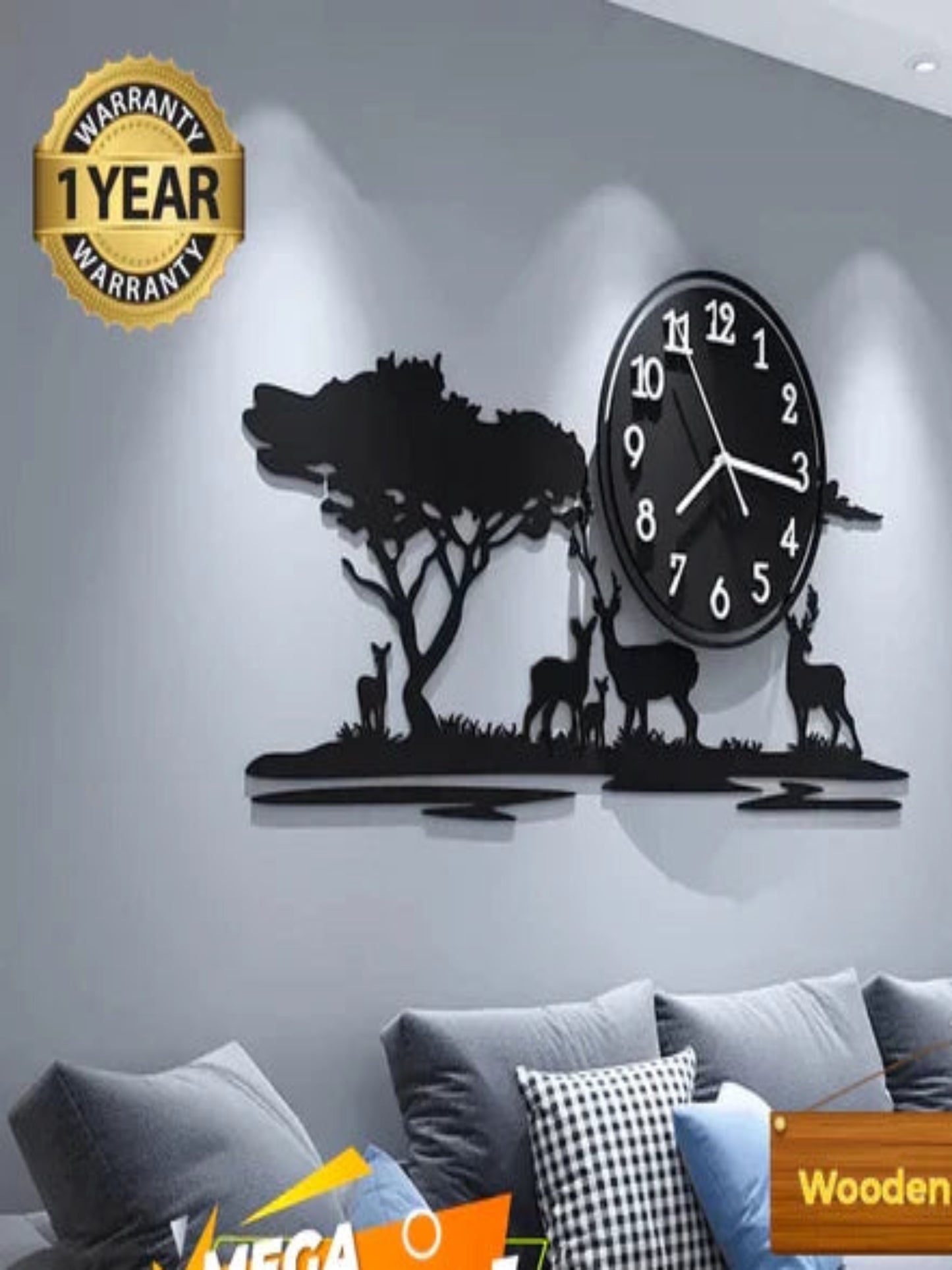 Big Wooden Grazing Deers in Meadows wall clock - Image 1